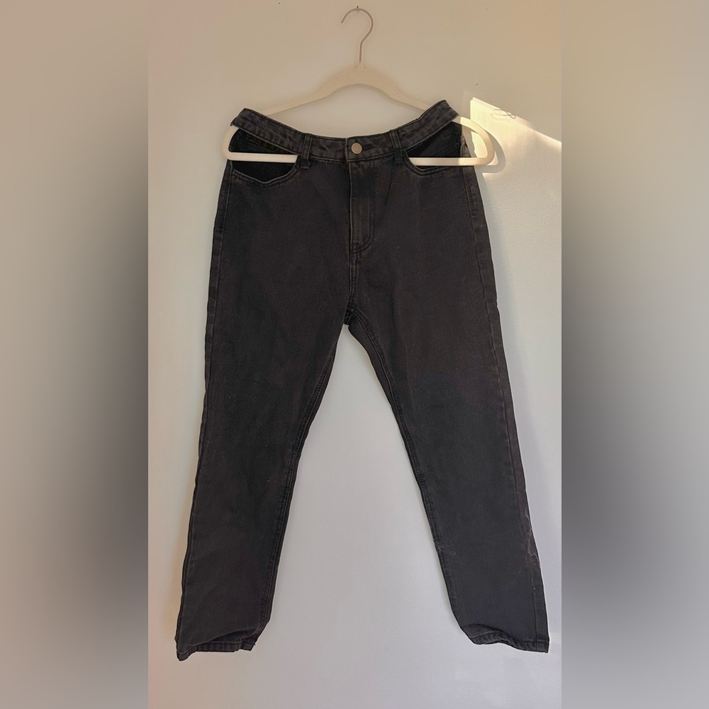 Dark gray denim jeans with cutouts